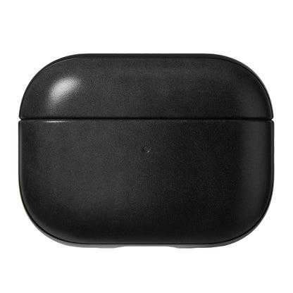 Nomad Robust AirPods Pro-etui Sort, sort rektangulært etui med afrundede kanter i Horween læder, vises lukket.