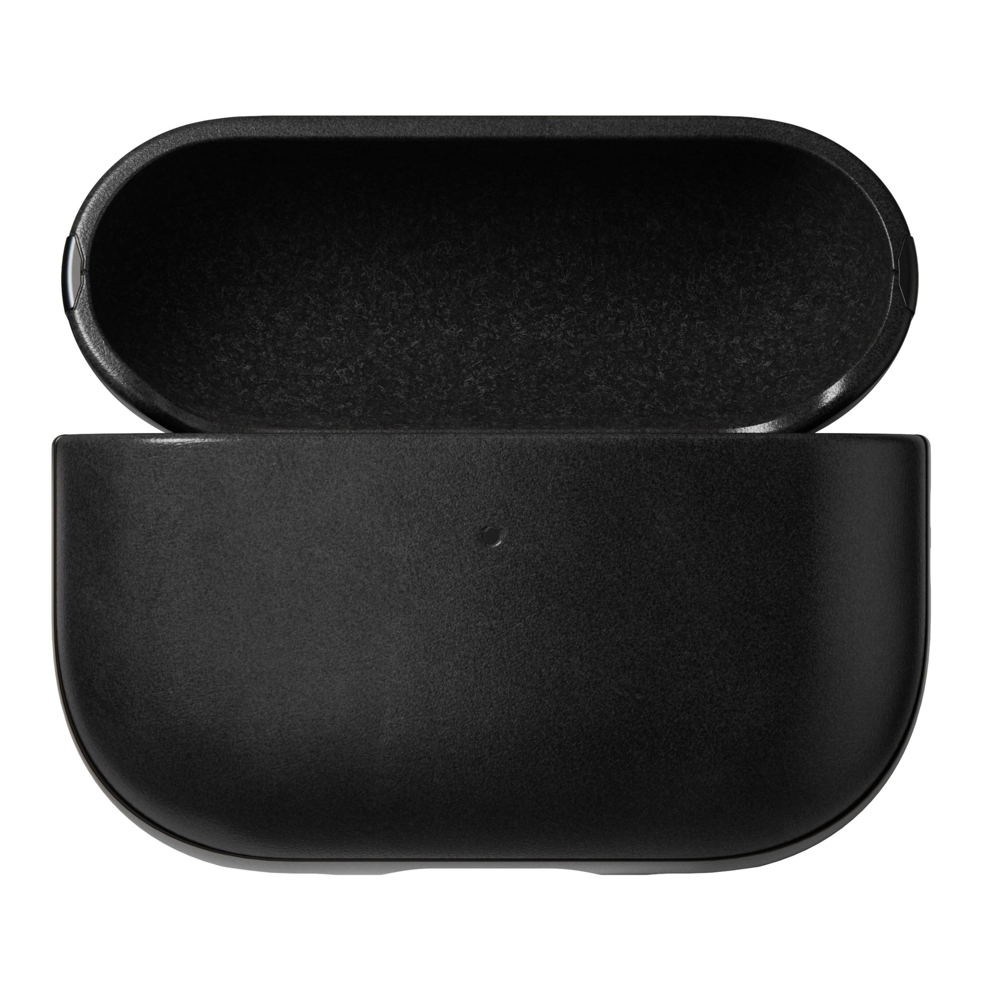 Nomad Robust AirPods Pro-etui Sort i Horween læder vist forfra med åben låg og synligt indre, ingen ørepropper i etuiet.
