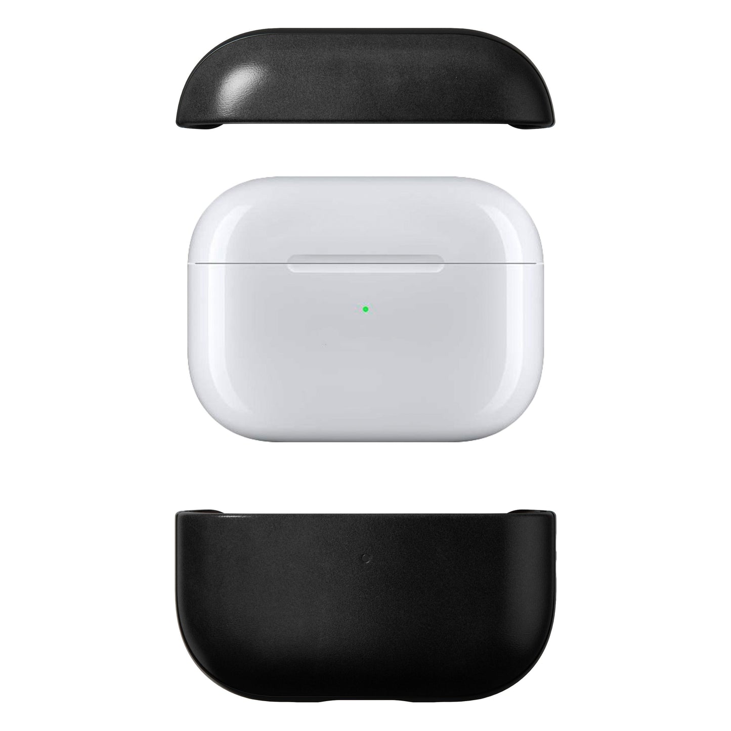 AirPods Pro etui i hvid mellem to Robust AirPods Pro-etui i sort læder fra Nomad.