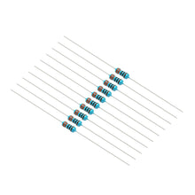 Blå metalkerne-modstande med farvekoder og lange ben, 10 stk fra Sortiment med modstande 2600-pakke, E24-serie.
