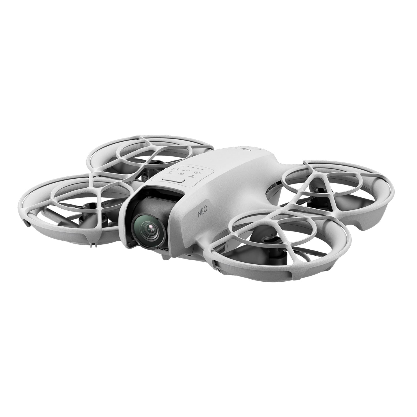 DJI Neo drone med fire lukkede propeller og frontkamera, kompakt design til 4K-optagelse.