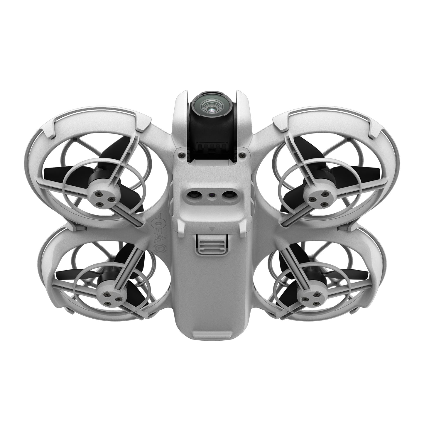 DJI Neo drone topview, fire lukkede propeller, frontkamera centralt på kroppen, kompakt sort quadcopter.