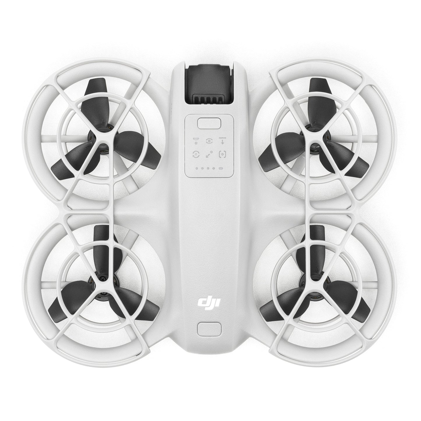 DJI Neo drone i hvid, fire lukkede propeller, centralkrop, kontrolknapper og indikatorlys, 4K kamera ovenfra.