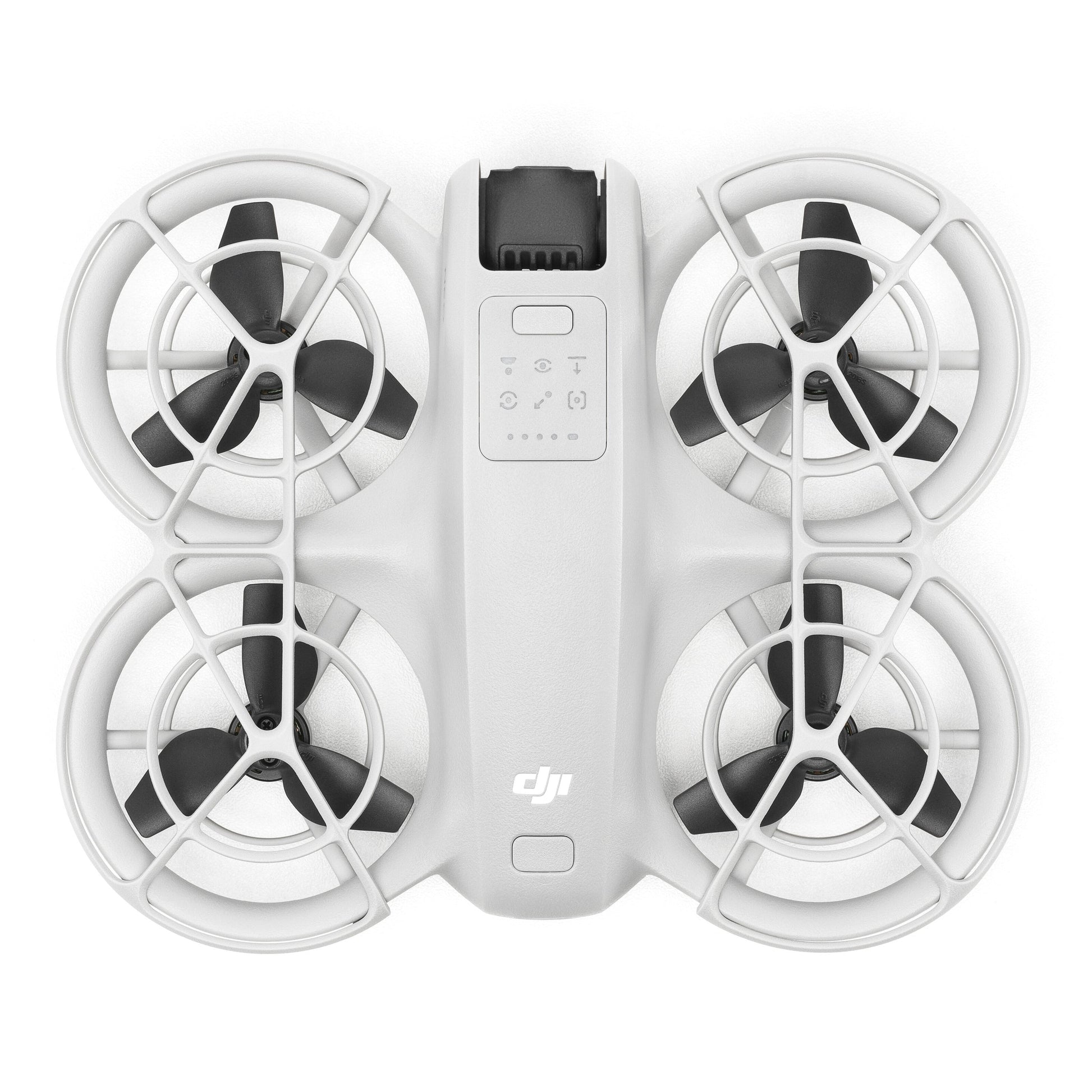 DJI Neo drone i hvid, fire lukkede propeller, centralkrop, kontrolknapper og indikatorlys, 4K kamera ovenfra.