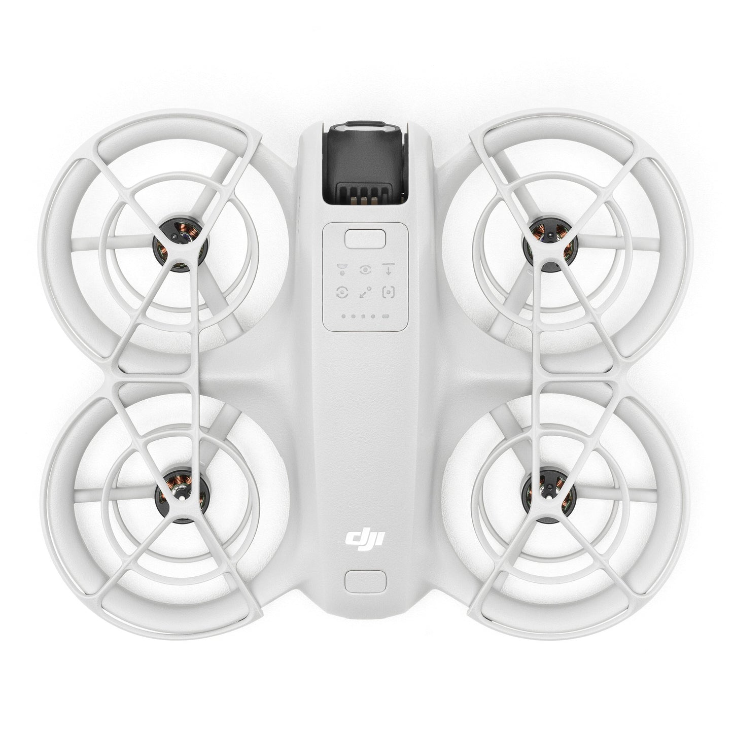 DJI Neo drone set fra oven med ildlukket propel, centralt DJI-logo, frontlygte og knapper.