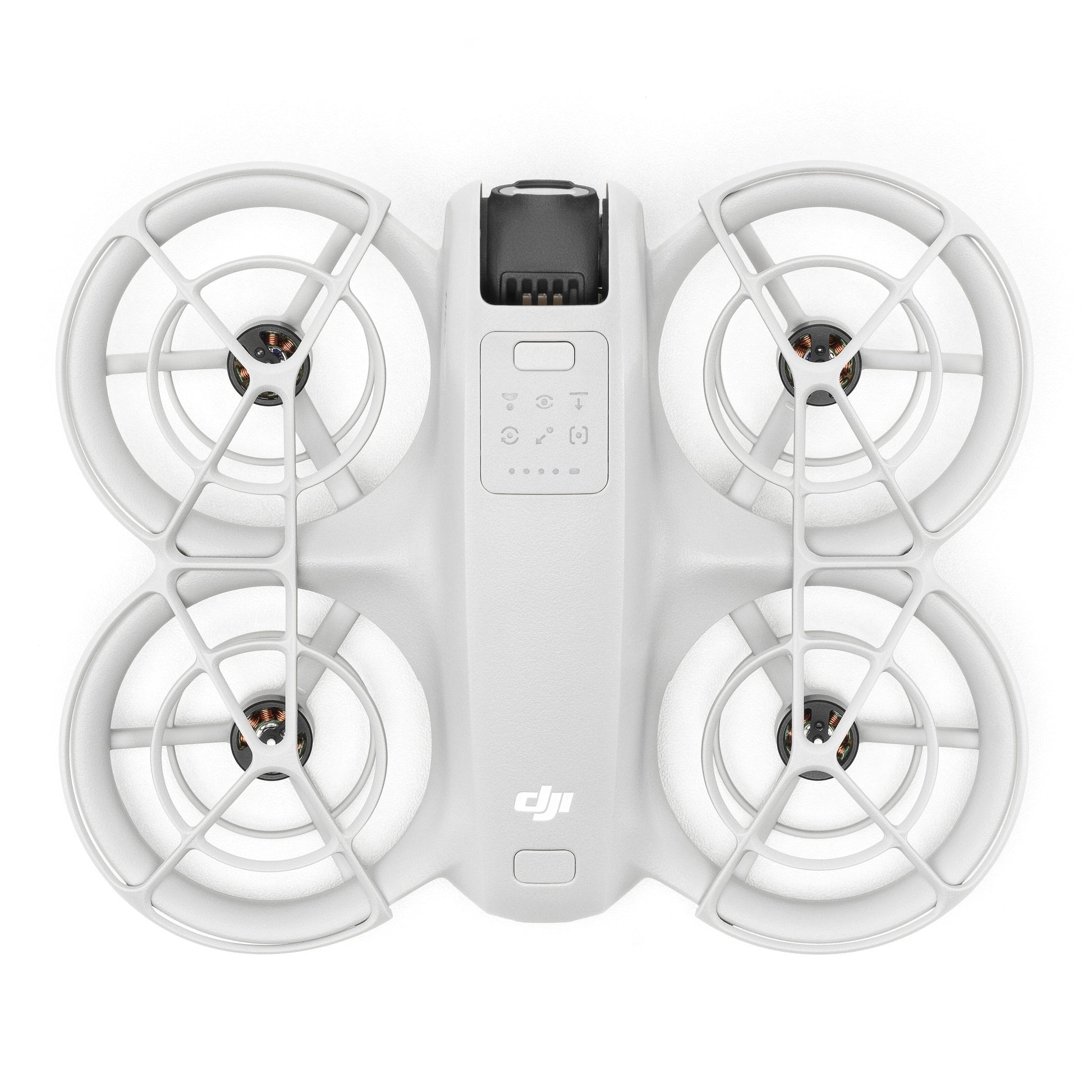 DJI Neo drone set fra oven med ildlukket propel, centralt DJI-logo, frontlygte og knapper.