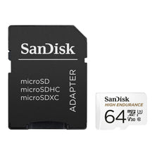 Sandisk sort microSD adapter og hvid Sandisk Højtydende Micro-SD-kort 64 GB til overvågningskamera eller bilkamera sammen.