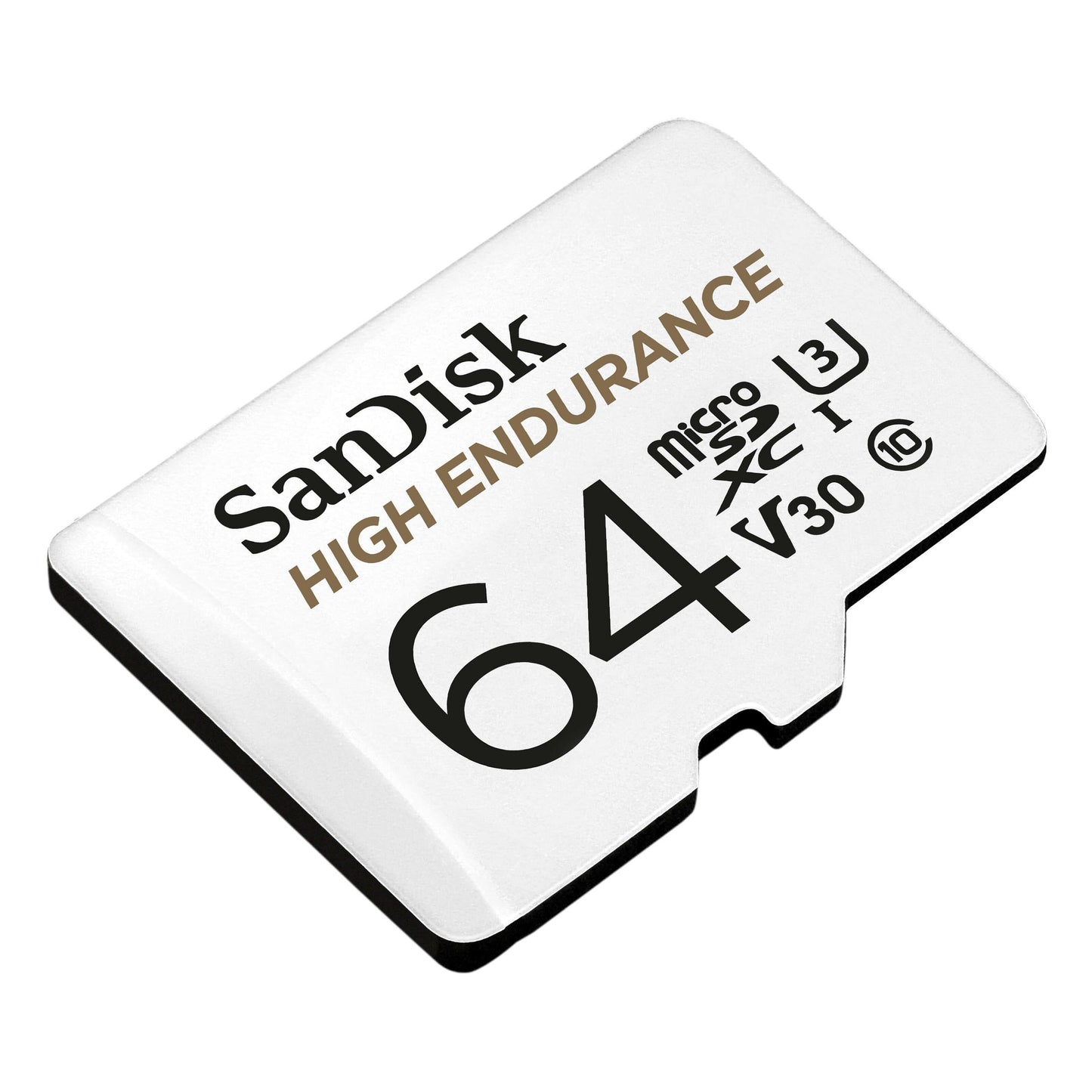Sandisk MicroSD-kort 64GB sort/guld, UHS Speed Class 3 U3, V30, 10-ikon til overvågnings- og bilkameraer.
