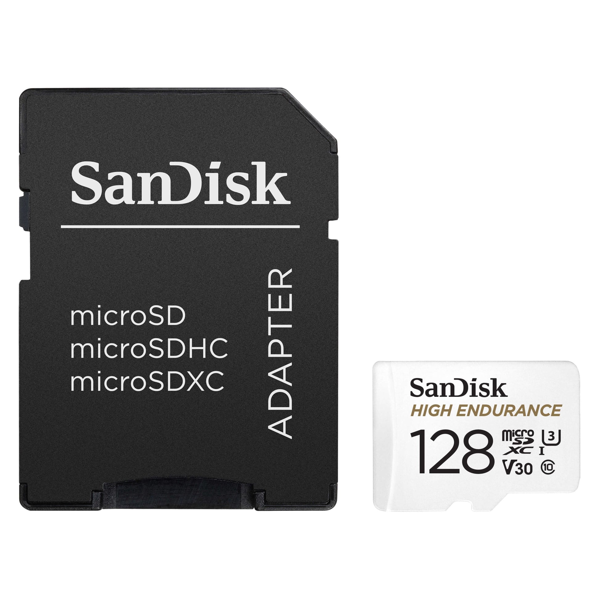 Sandisk High Endurance Micro-SD-kort 128 GB hvid med sort og guld tekst samt sort adapter.