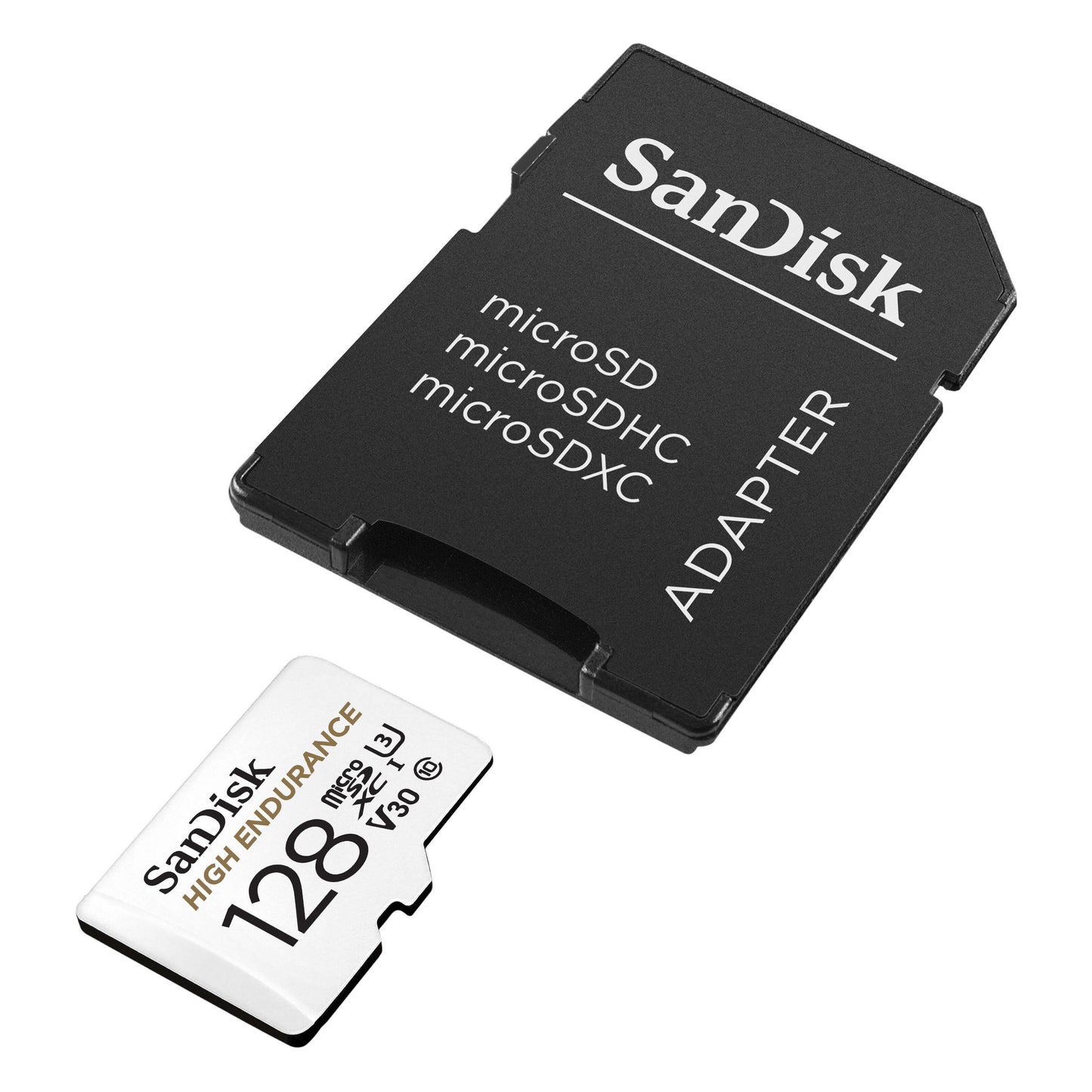 SanDisk High Endurance microSD-kort 128GB vises med sort SanDisk microSD til SD-adapter.