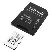 SanDisk High Endurance microSD-kort 128GB vises med sort SanDisk microSD til SD-adapter.