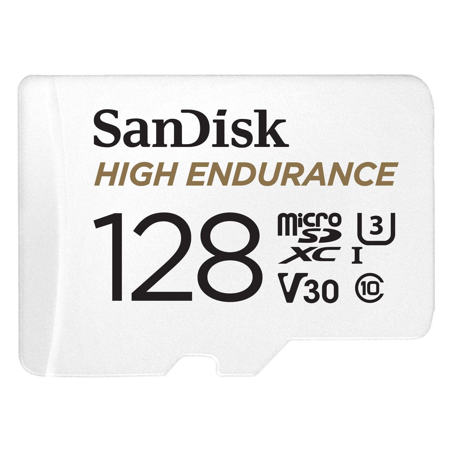 Sandisk High Endurance microSD-kort 128GB, microSDXC, U3, V30, Class 10 symboler synlige.