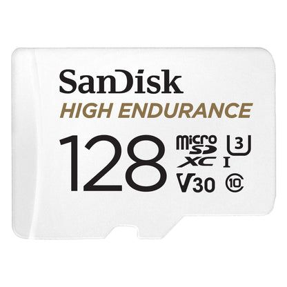 Sandisk High Endurance microSD-kort 128GB, microSDXC, U3, V30, Class 10 symboler synlige.