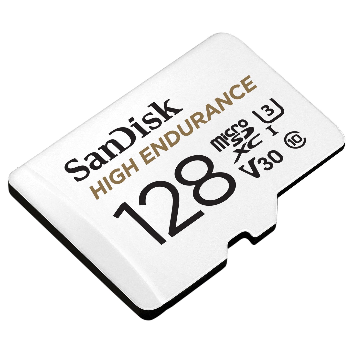 Sandisk High Endurance Micro-SD-kort 128GB hvid/guld med hastigheds- og videoklassesymboler.
