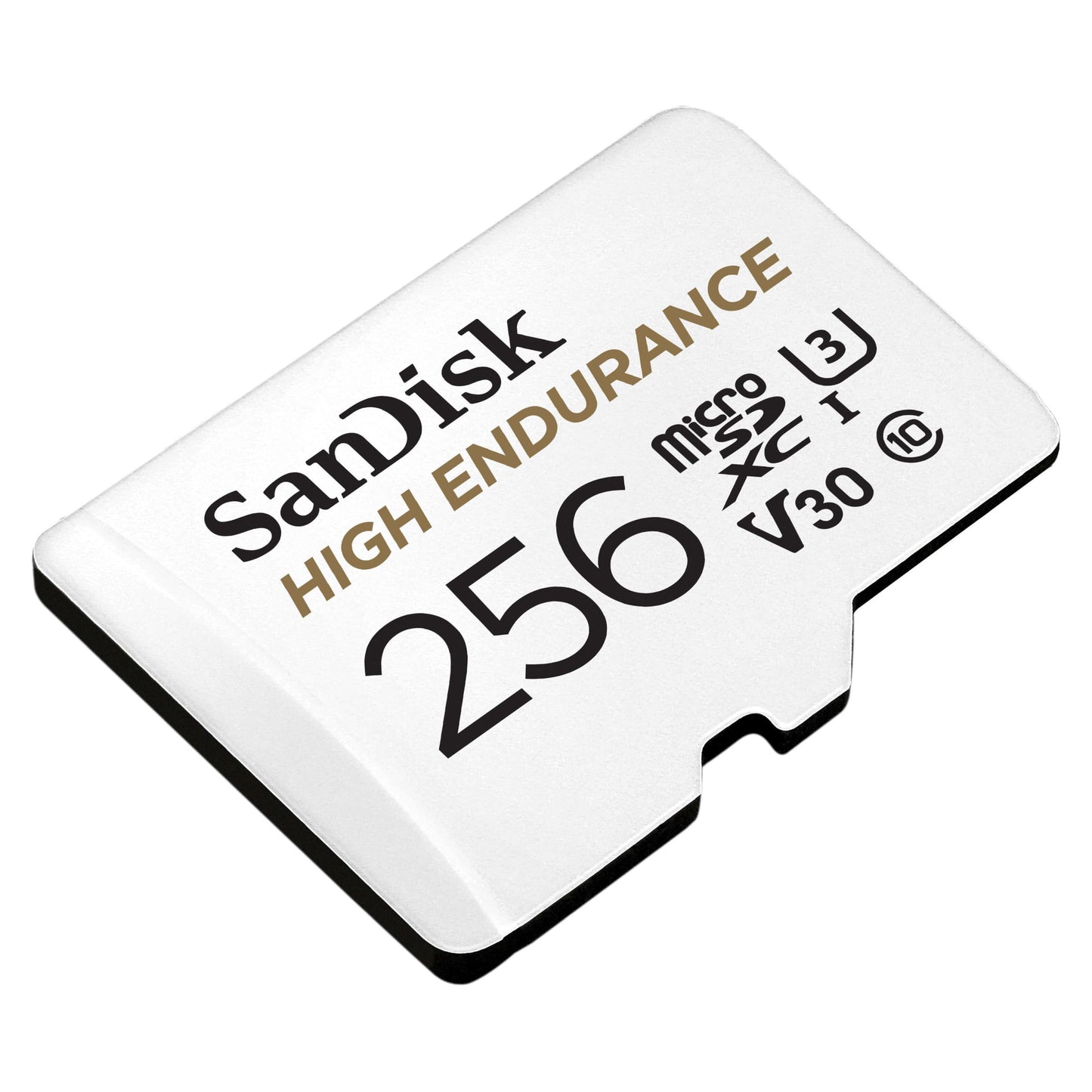 SanDisk High Endurance microSD-kort 256GB, vist på skrå.