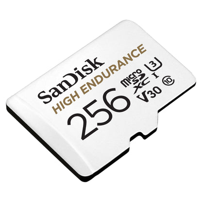 SanDisk High Endurance microSD-kort 256GB, vist på skrå.