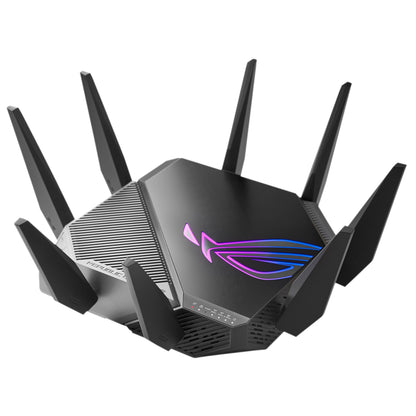 Asus ROG Rapture GT-AXE11000 sort triple-band gaming-router, otte store antenner, lilla-blåt oplyst ROG-logo på toppen.
