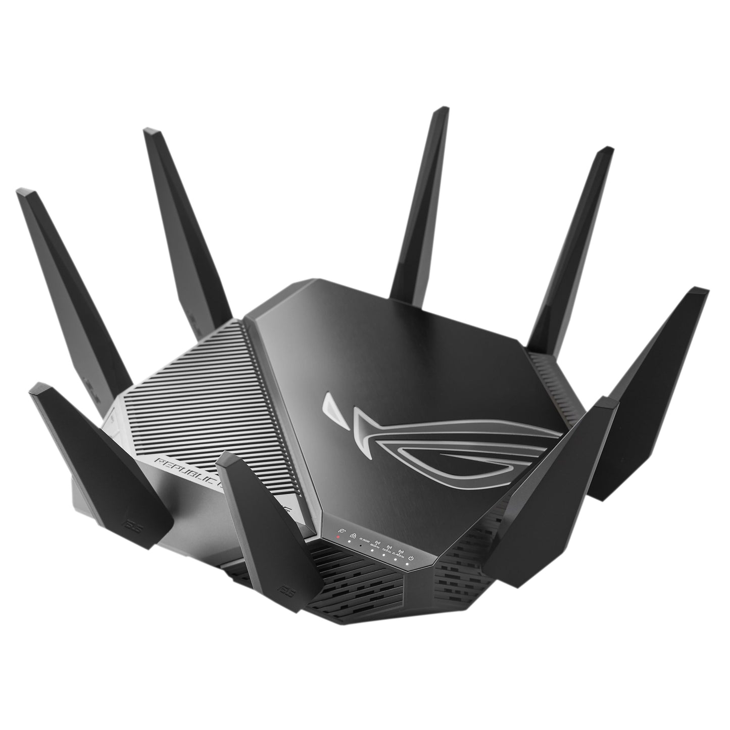 Asus ROG Rapture GT-AXE11000 trådløs router, sort, otte antenner, stort ROG-logo, triple-band AX11000.