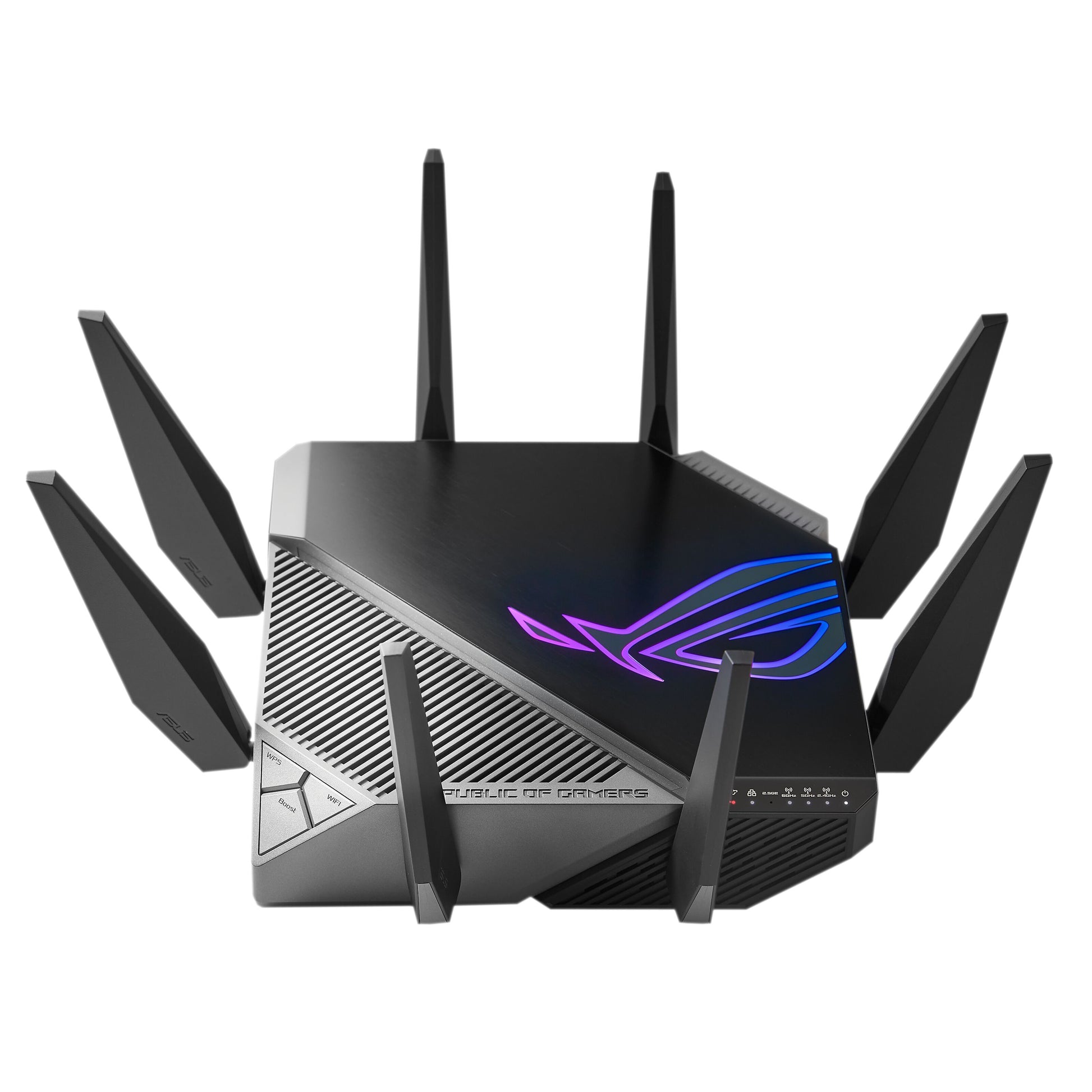 ASUS ROG Rapture GT-AXE11000 trådløs router, sort, triple-band, otte vinklet antenner, RGB-logo og indikatorlys.