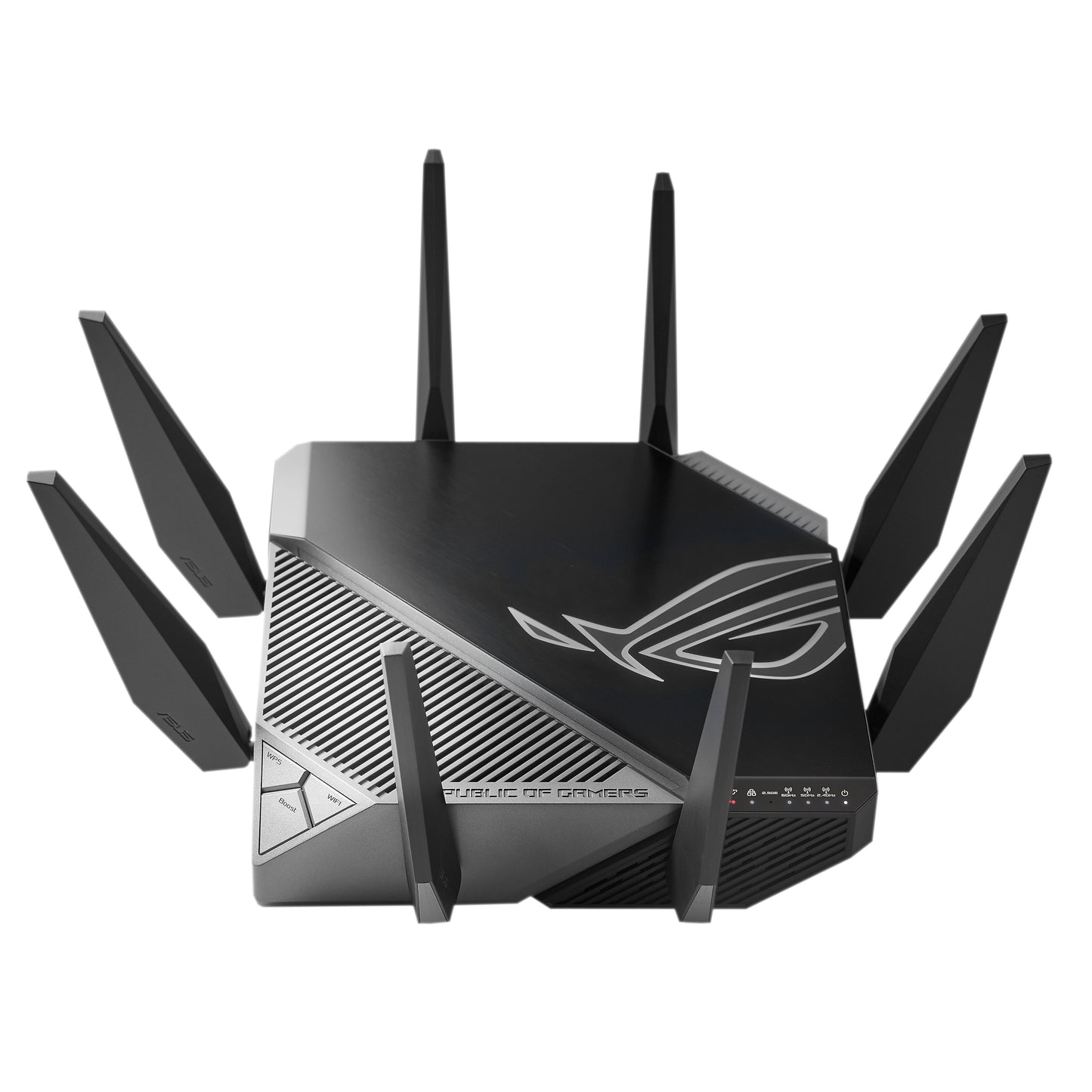Asus ROG Rapture GT-AXE11000 sort trådløs router med otte eksterne antenner, oplyst logo og tri-band Wi-Fi.
