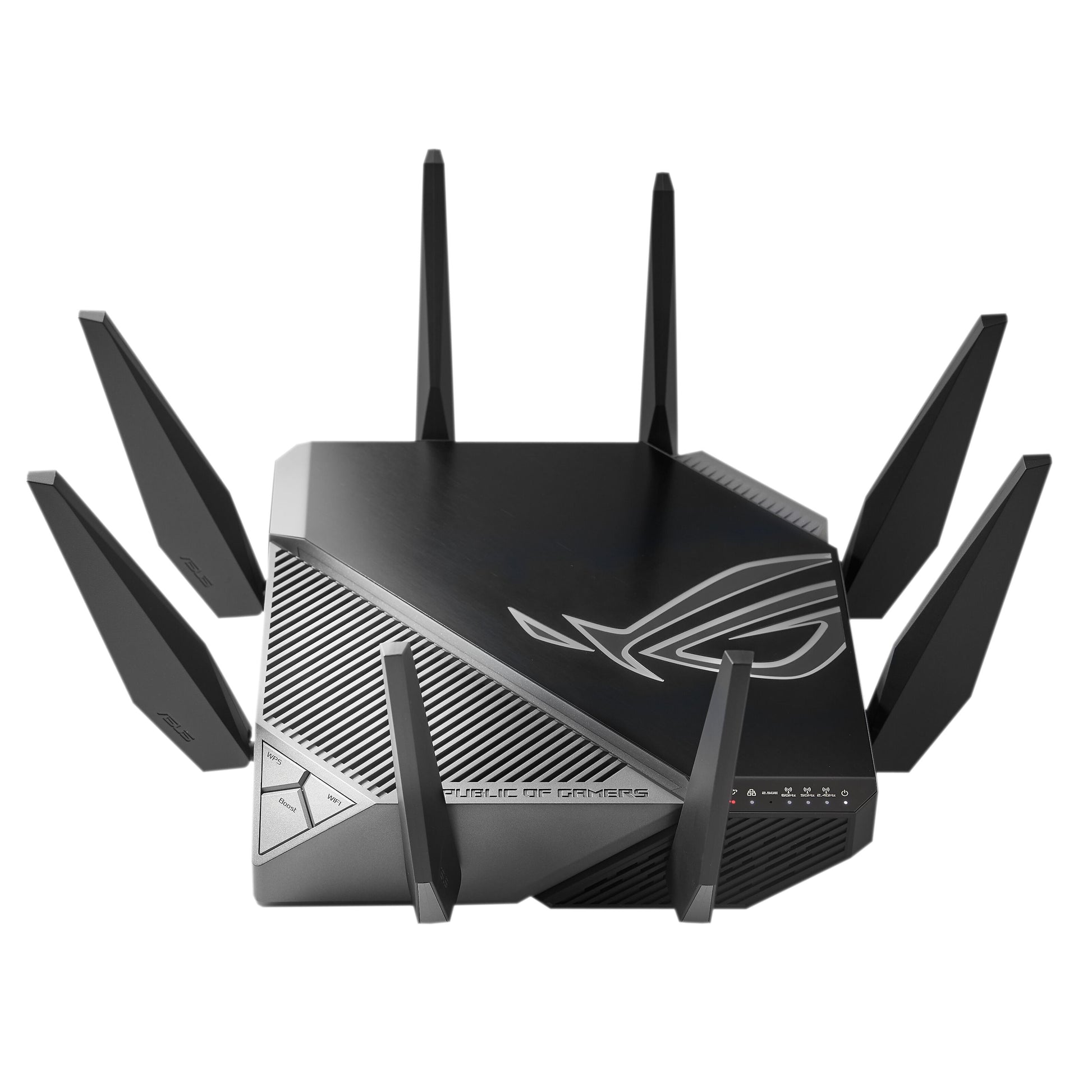 Asus ROG Rapture GT-AXE11000 sort trådløs router med otte eksterne antenner, oplyst logo og tri-band Wi-Fi.