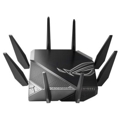 Asus ROG Rapture GT-AXE11000 sort trådløs router med otte eksterne antenner, oplyst logo og tri-band Wi-Fi.