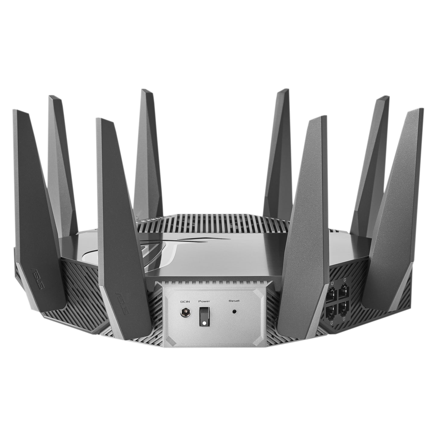 Asus ROG Rapture GT-AXE11000 trådløs router, sort/grå, triple-band, otte eksterne antenner, porte og knapper bagpå.