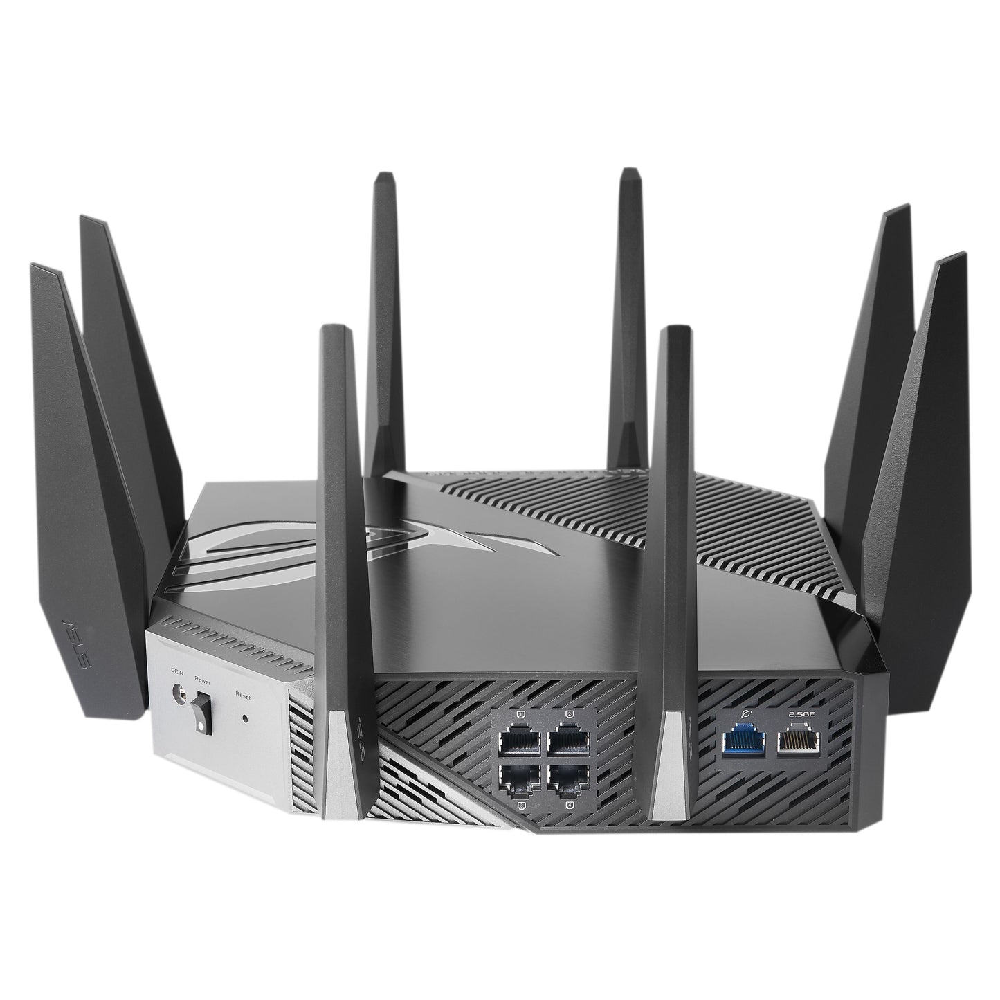 Asus ROG Rapture GT-AXE11000 sort trådløs AX11000 router med tre bånd, seks antenner, flere Ethernet- og USB-porte bagpå.