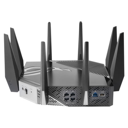 Asus ROG Rapture GT-AXE11000 sort trådløs AX11000 router med tre bånd, seks antenner, flere Ethernet- og USB-porte bagpå.