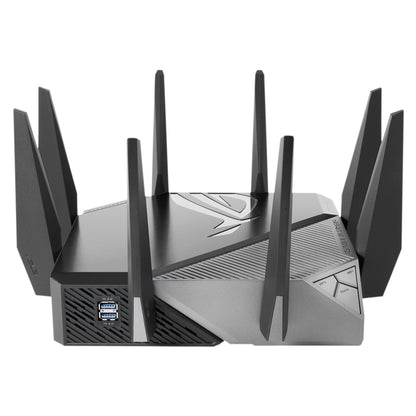 Asus ROG Rapture GT-AXE11000 sort/grå tri-band router med otte antenner, frontknapper og USB-port.