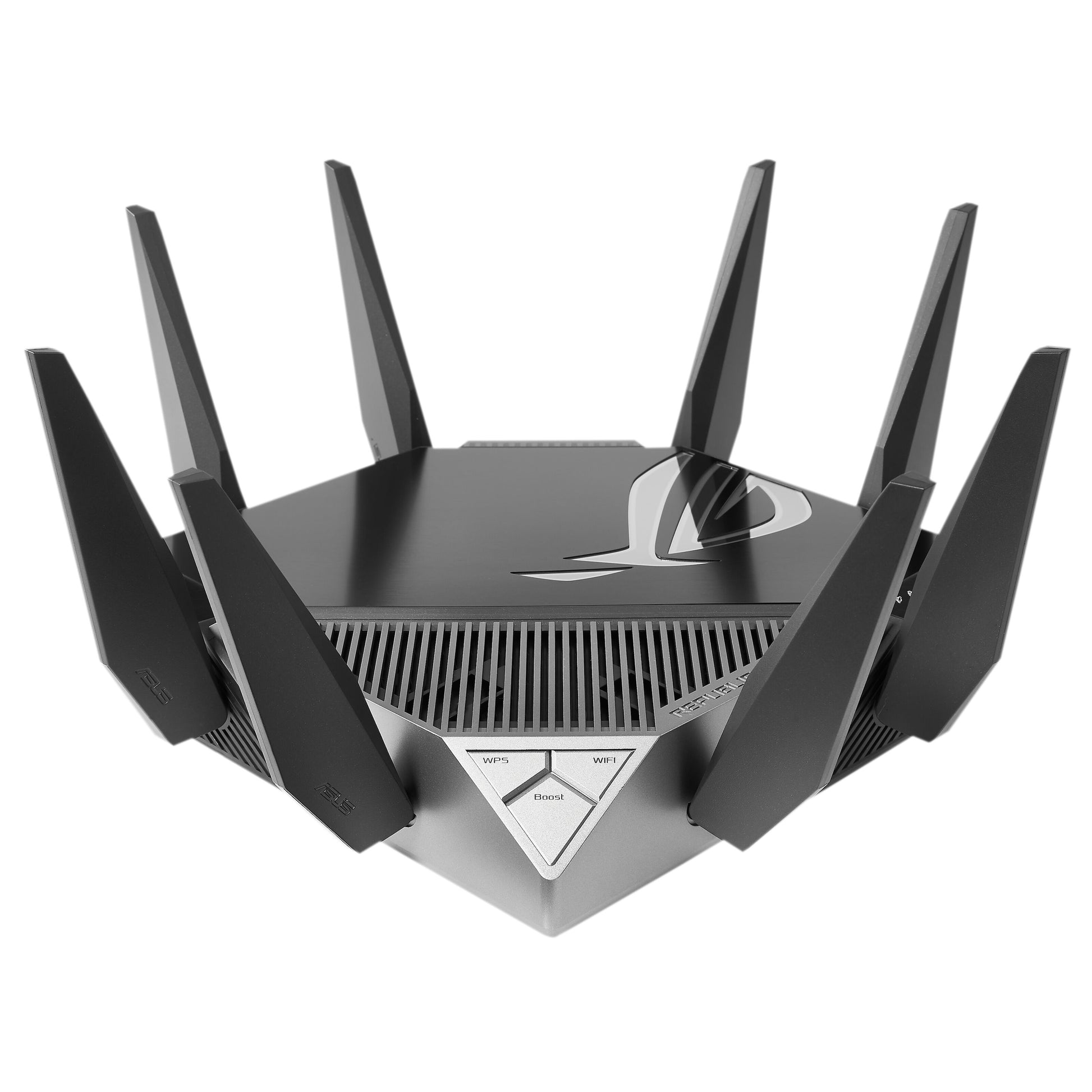 Asus ROG Rapture GT-AXE11000 sort tri-band router med otte eksterne antenner og trekantet panel med LED til internet, WiFi, strøm.
