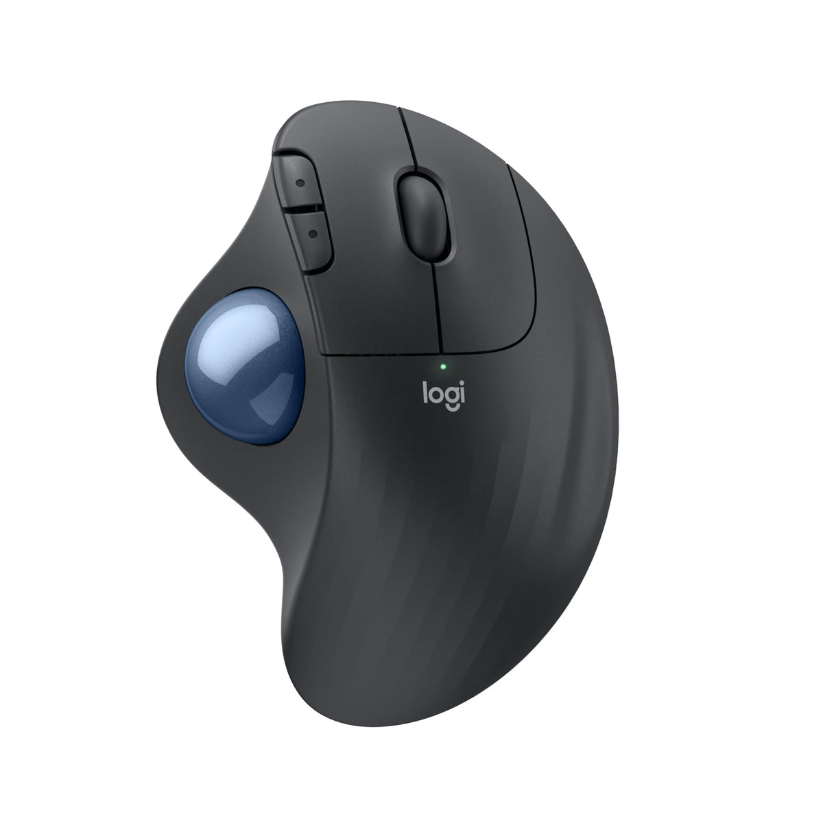 Logitech Ergo M575S trådløs trackball-mus i grafit med blå kugle, rullehjul og to tommelfingerknapper.