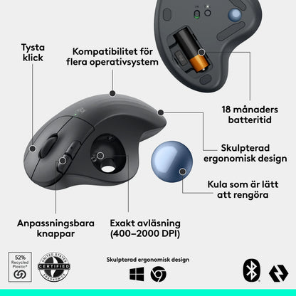 Logitech Ergo M575S trådløs trackball-mus i Graphite med knapper, trackball, batterirum og informationstekst om funktioner.