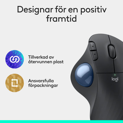 Logitech Ergo M575S trådløs trackball-mus i grafitfarve med to sideknapper og genanvendt emballage.
