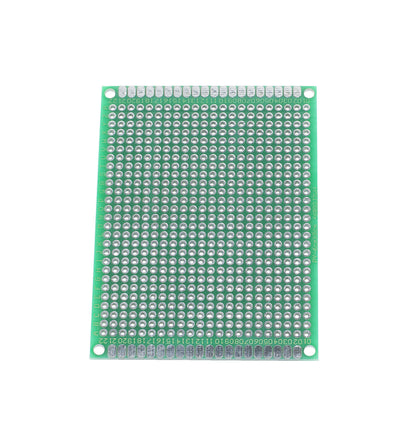 Eksperimentkort 60x80 mm 10-pak, grøn FR4 glasfiber med loddepuder og markerede rækker/kolonner til elektronik prototyping.
