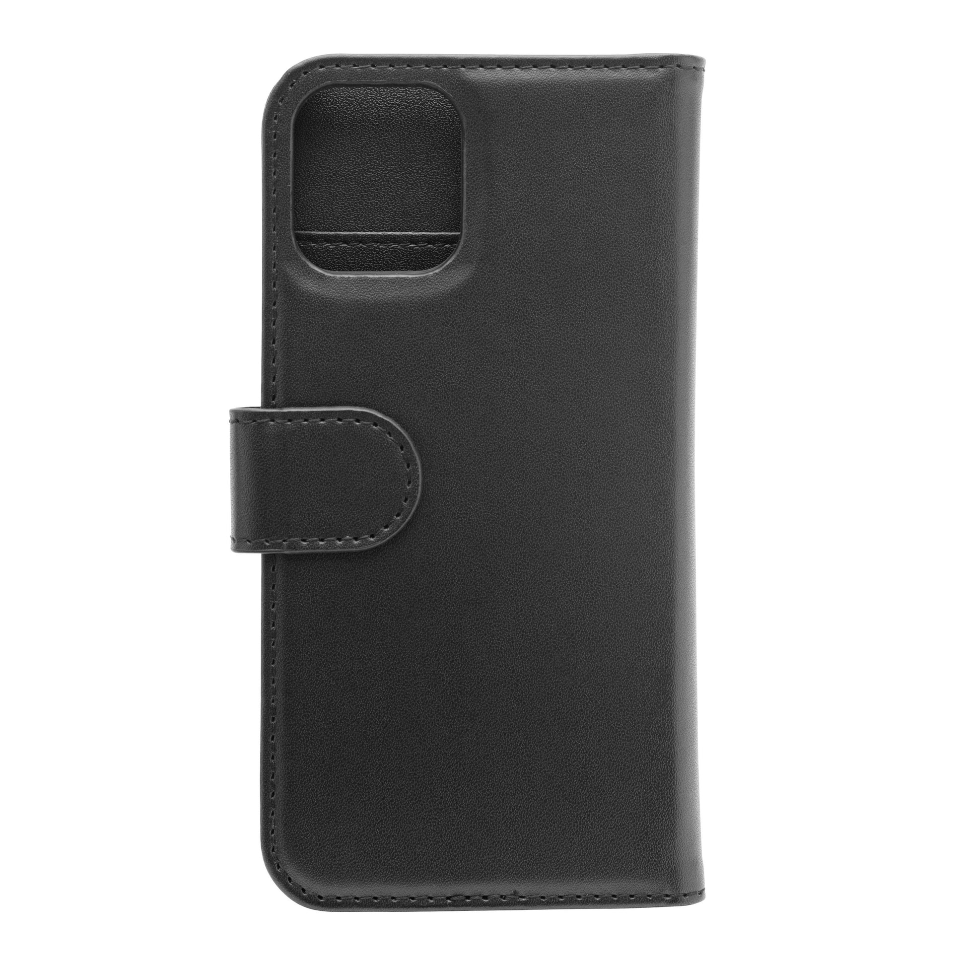 Flip cover til iPhone 12/12 Pro sort læder med magnetlås og præcis kameraundskæring.