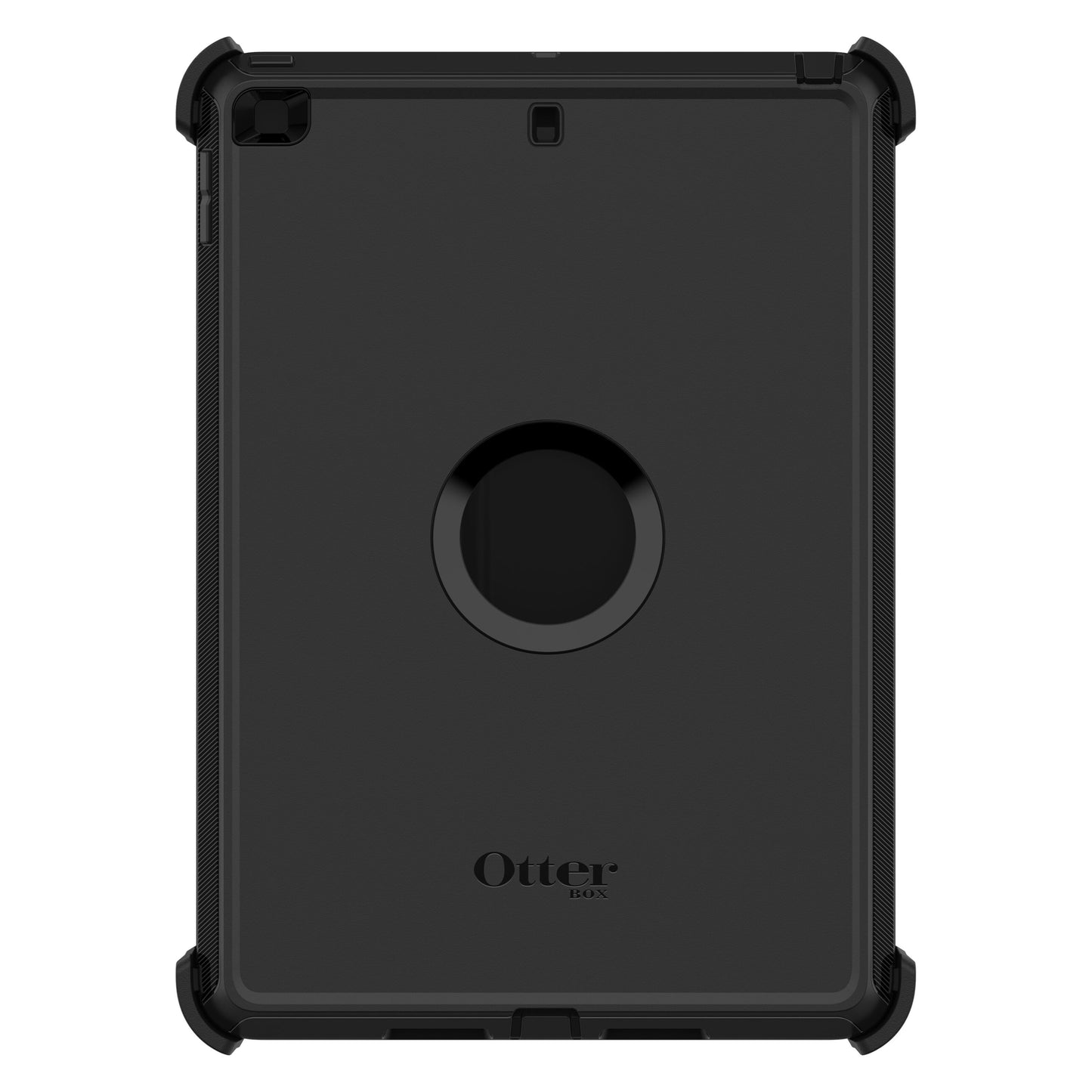 Sort Otterbox Beskyttelsesetui til iPad 10,2 med forstærkede hjørner, cirkulær udhulning og Otterbox-logo nederst bagpå.
