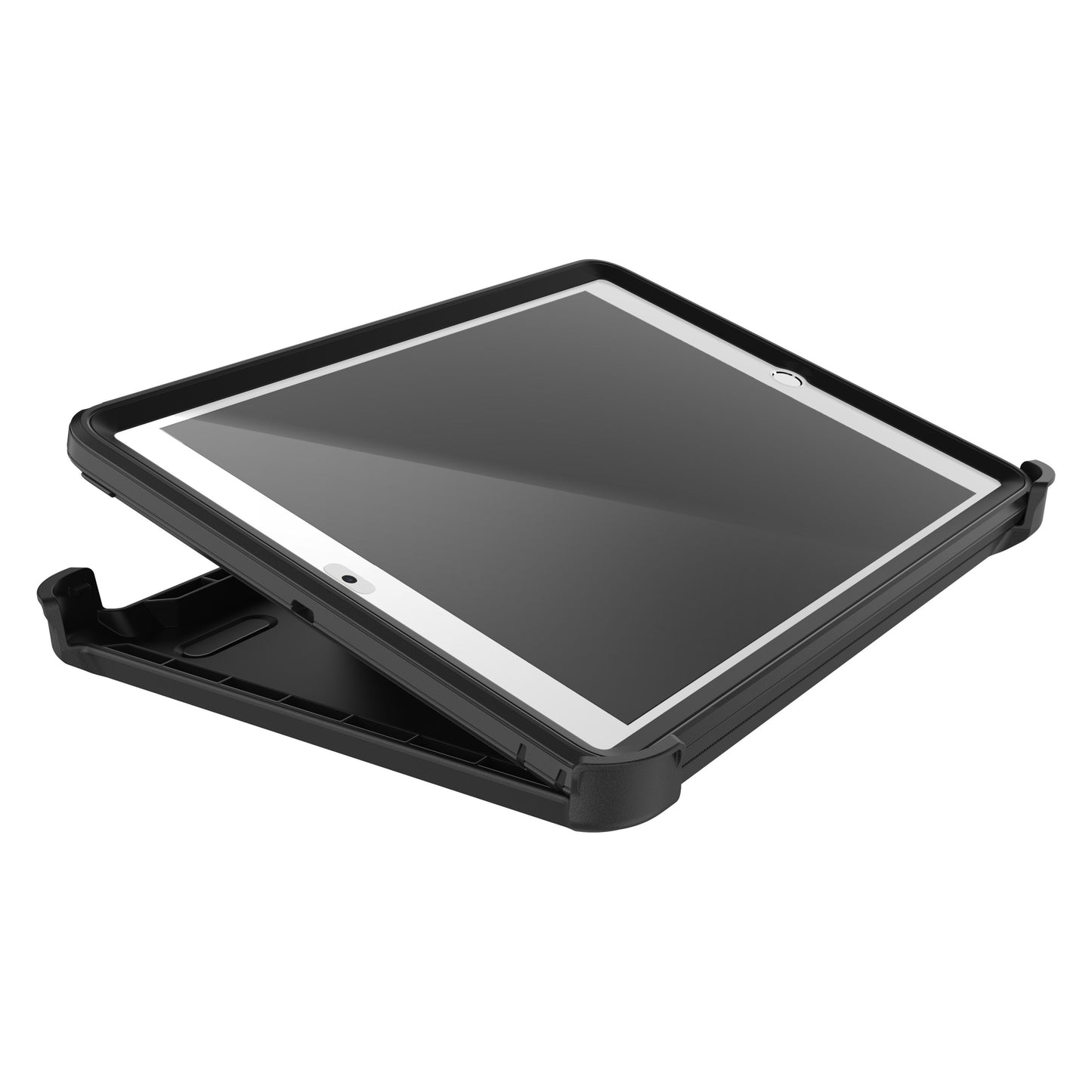Sort Otterbox Beskyttelsesetui til iPad 10,2 åben med hvid iPad 10 delvist indsat, synlig skærm og hjemknap.
