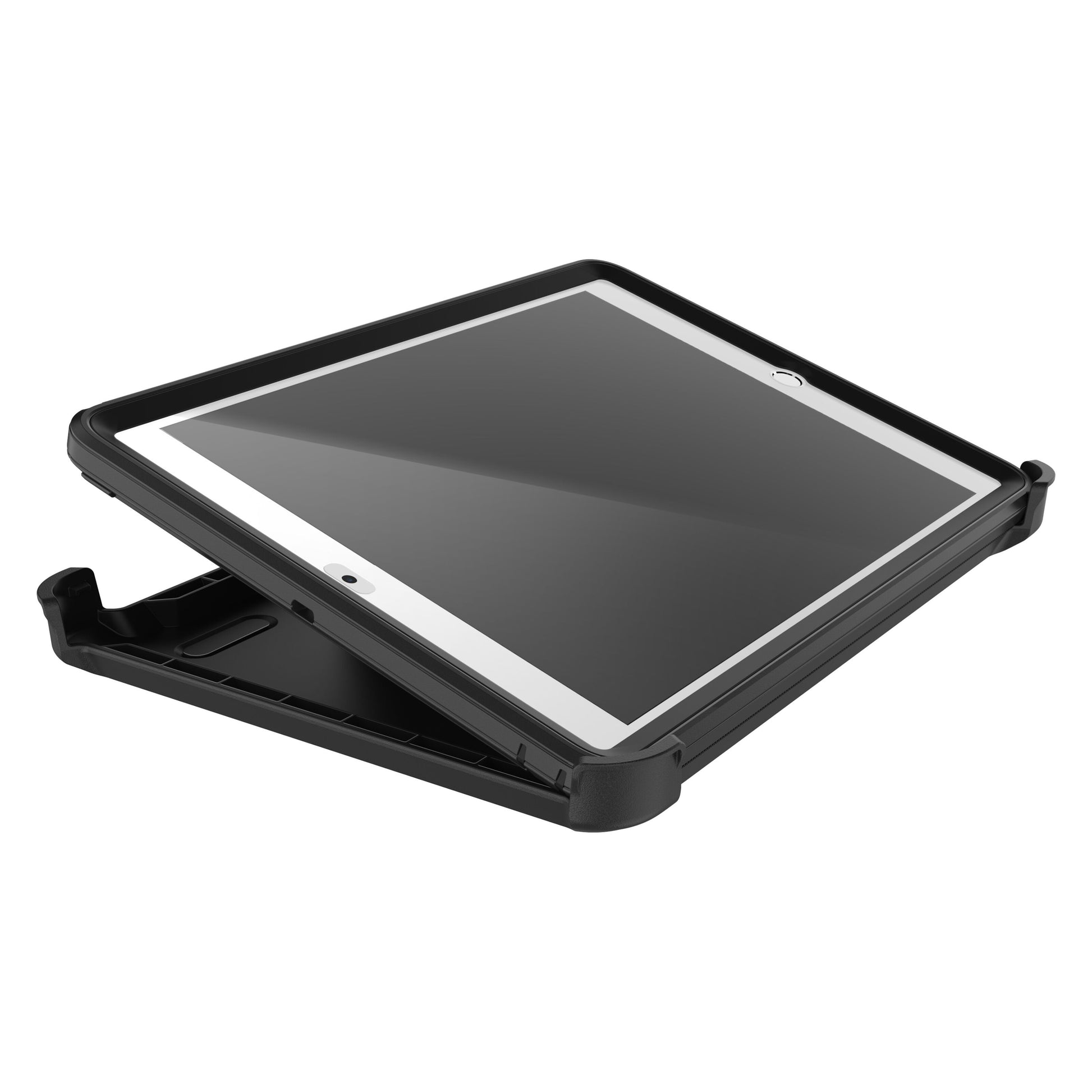Sort Otterbox Beskyttelsesetui til iPad 10,2 åben med hvid iPad 10 delvist indsat, synlig skærm og hjemknap.