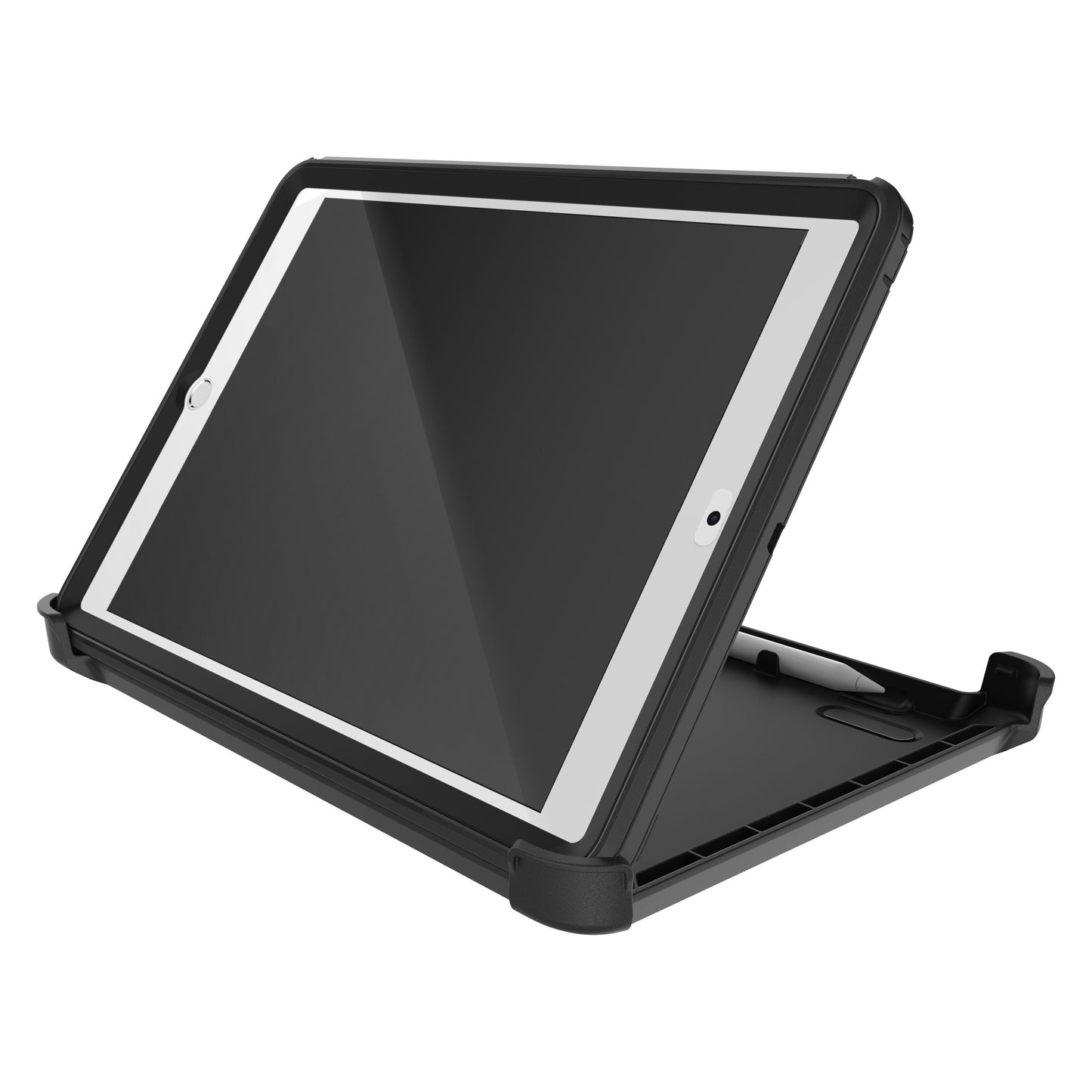 IPad 10 i sort Otterbox Beskyttelsesetui, cover foldet som stander, model 10,2", liggende orientering.