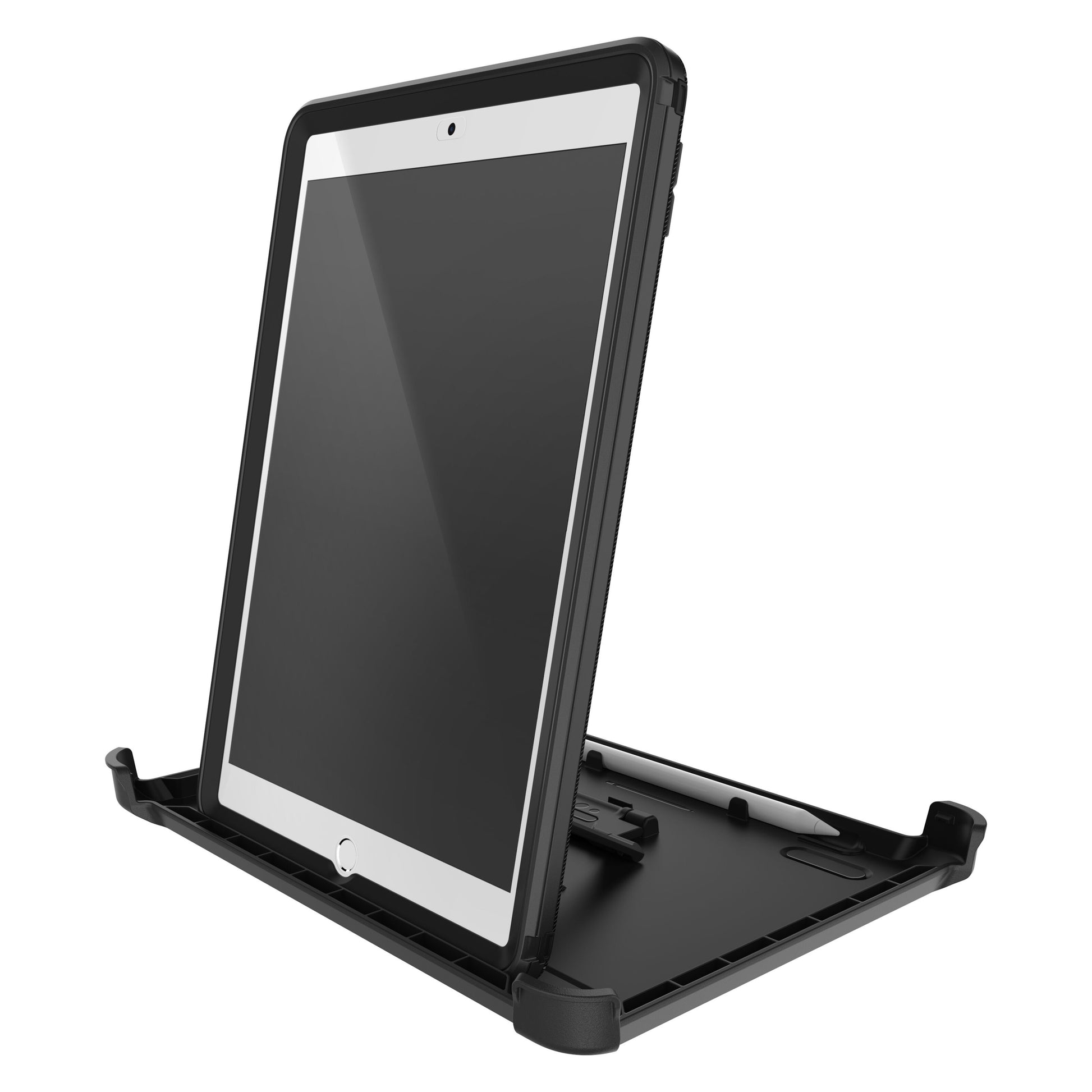 Apple iPad 10,2 i sort Otterbox beskyttelsesetui med forstærkede hjørner, hævede kanter og indbygget standervinkel.