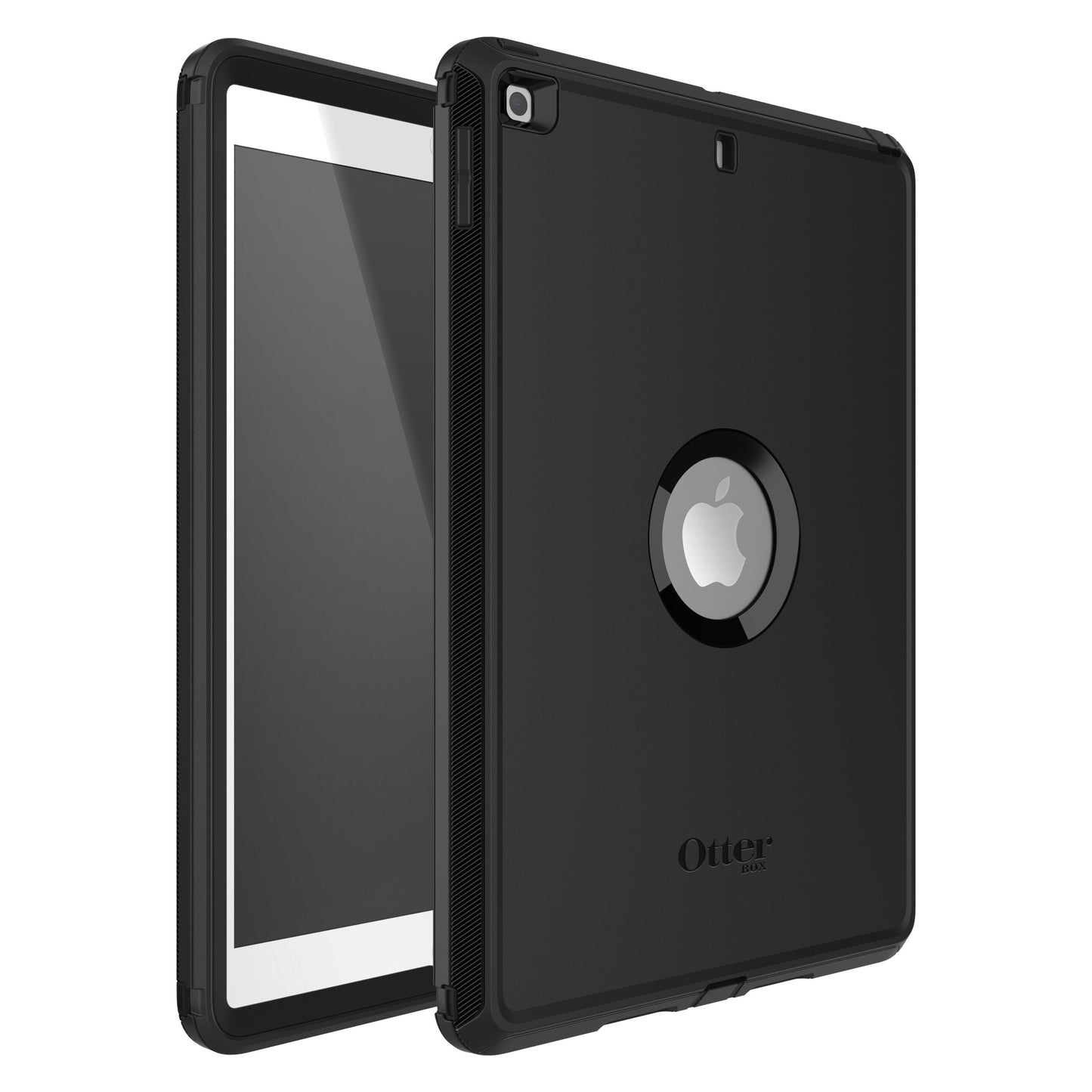 Otterbox sorterer beskyttelsesetui til iPad 10,2 med rund udskæring til Apple-logo, forstærkede hjørner og tekstureret kant.