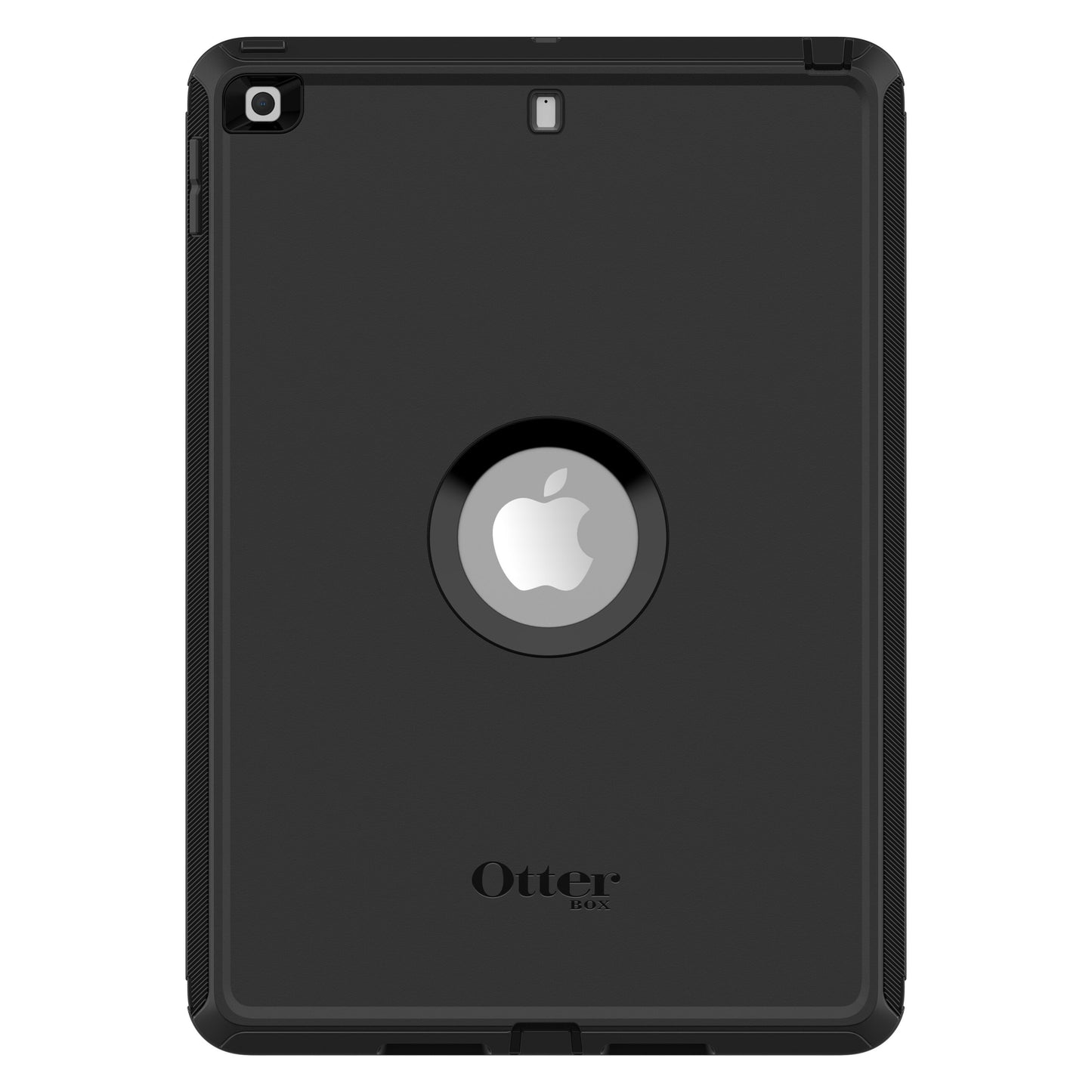 Otterbox beskyttelsesetui til iPad 10,2 sort, rundt udskåret Apple-logo, Otterbox-logo nederst.