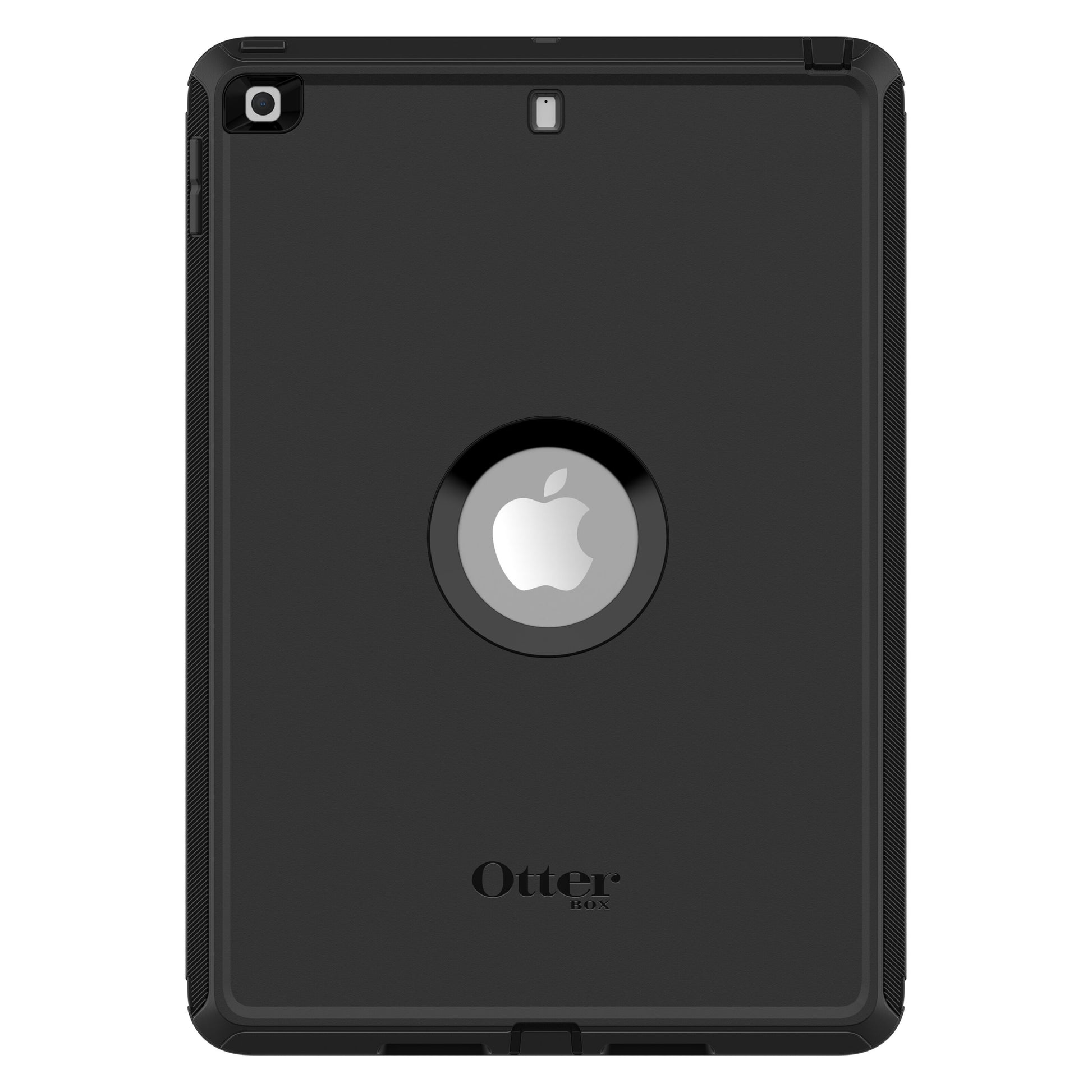 Otterbox beskyttelsesetui til iPad 10,2 sort, rundt udskåret Apple-logo, Otterbox-logo nederst.