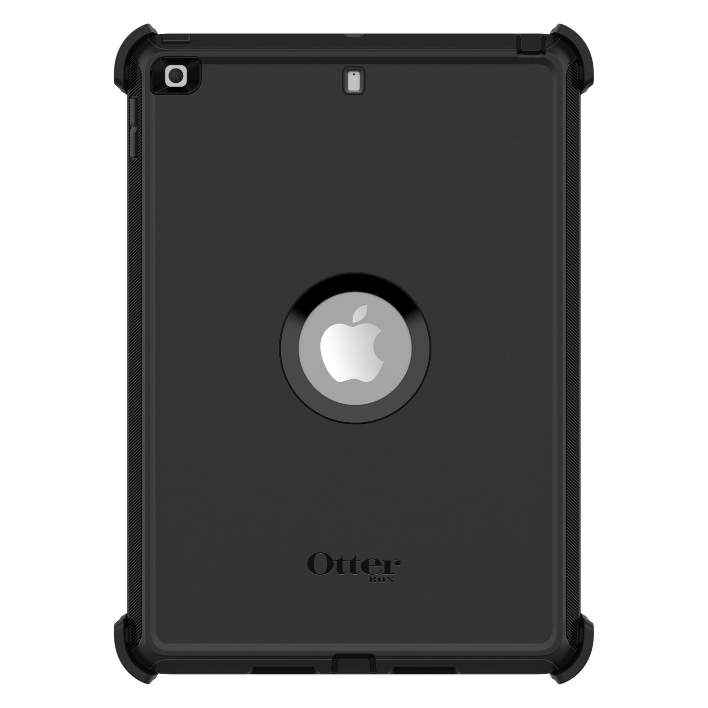 Otterbox beskyttelsesetui til iPad 10,2 sort, forstærkede hjørner, rund udskæring til Apple-logo, Otterbox-logo nederst.