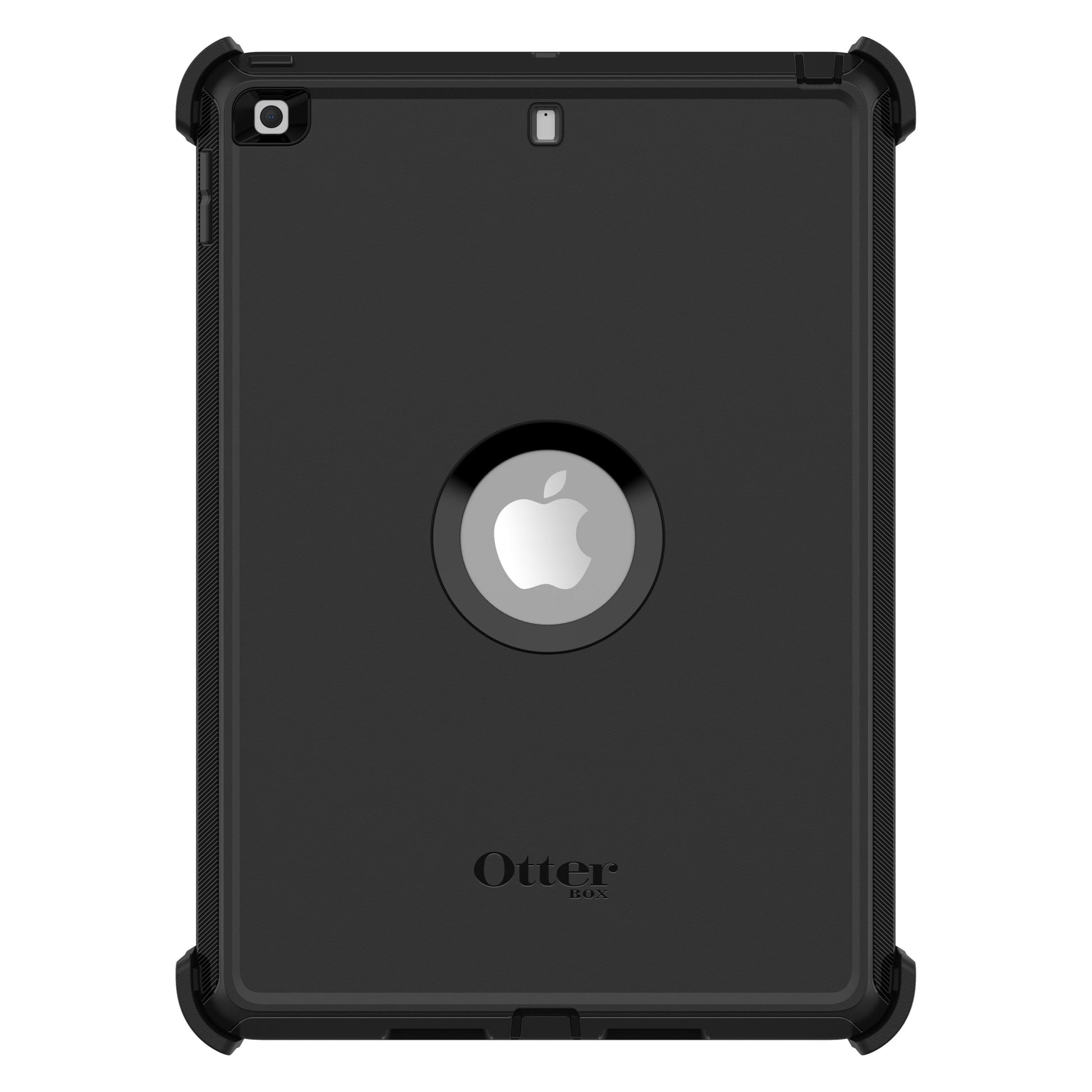 Otterbox beskyttelsesetui til iPad 10,2 sort, forstærkede hjørner, rund udskæring til Apple-logo, Otterbox-logo nederst.
