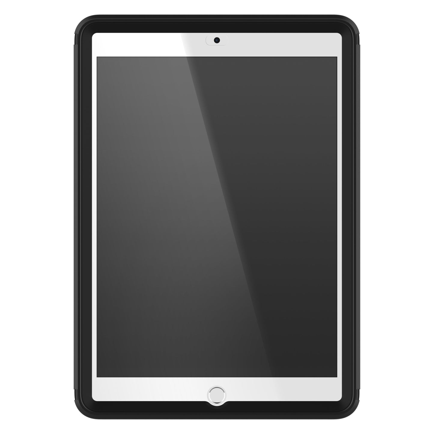 IPad 10.2 sort Otterbox Beskyttelsesetui, stor touchscreen, hvid kant, frontkamera top, hjemknap bund, slukket skærm.