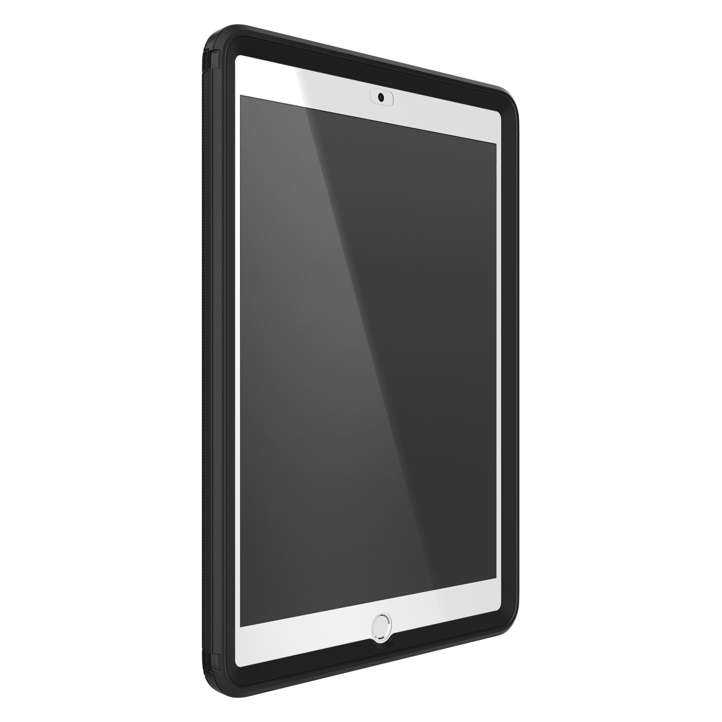 IPad 10,2 med sort Otterbox beskyttelsescover og hvid ramme, vises skråt med slukket skærm.