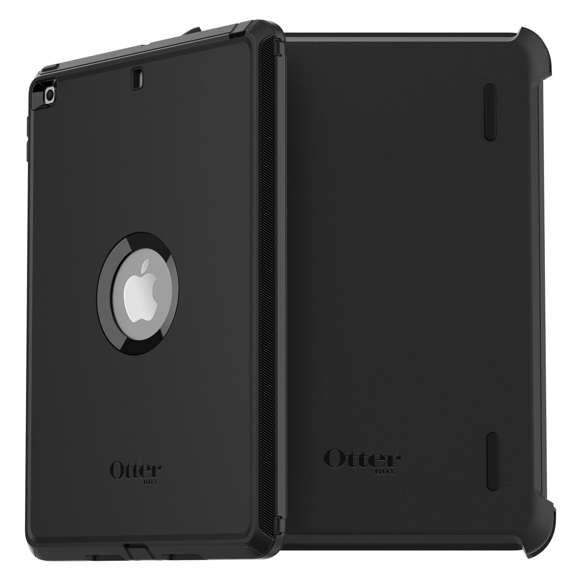 Otterbox beskyttelsesetui til iPad 10,2 sort, stødsikkert med rund åbning til Apple-logo og Otterbox-logo.