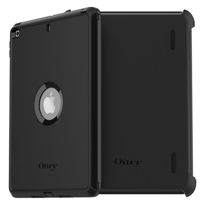 Otterbox beskyttelsesetui til iPad 10,2 sort, stødsikkert med rund åbning til Apple-logo og Otterbox-logo.